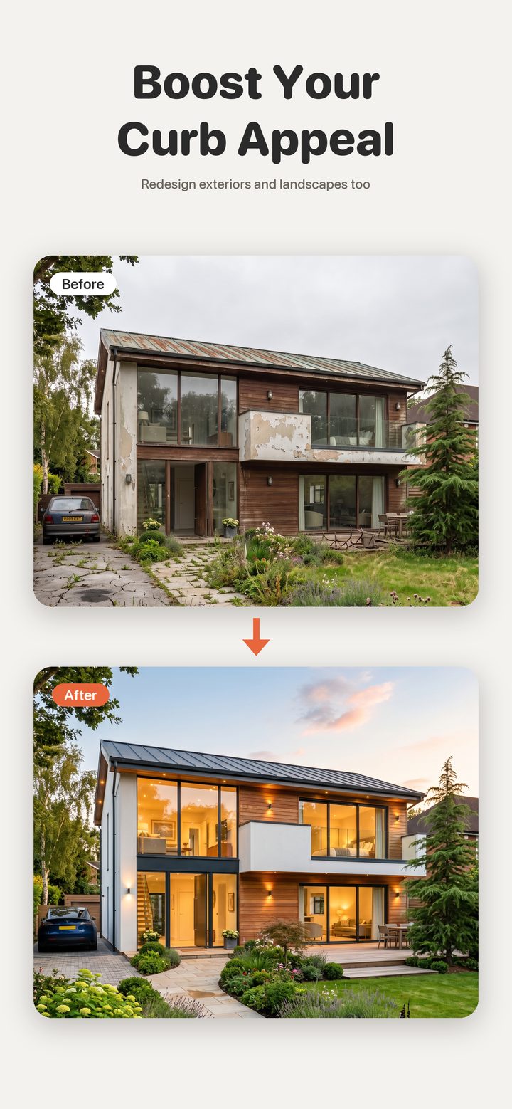 A tired house facade before, and the renovated facade with a new garden after
