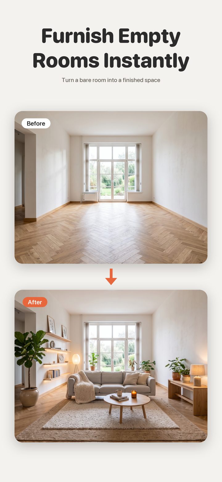 An empty room before, and the same room fully furnished after