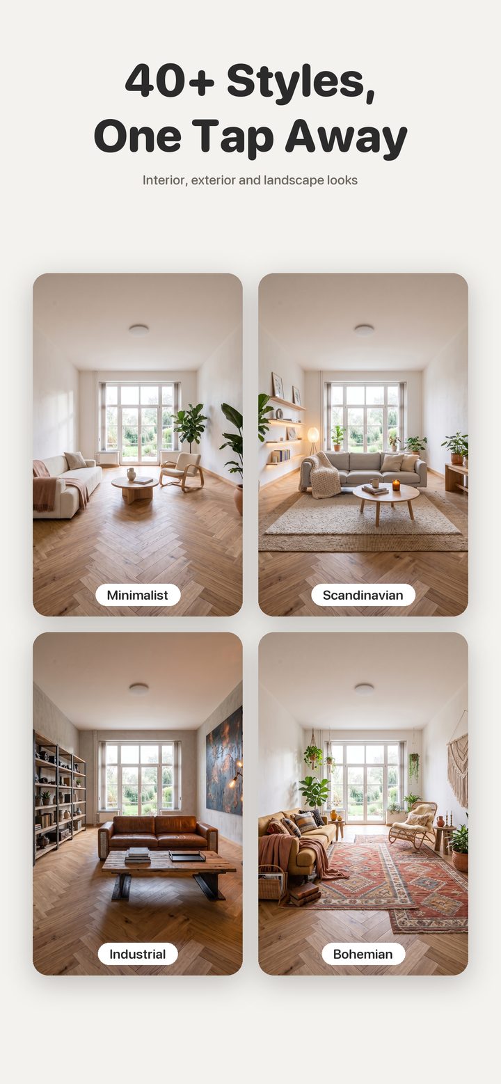 The same living room shown in Minimalist, Scandinavian, Industrial and Bohemian style